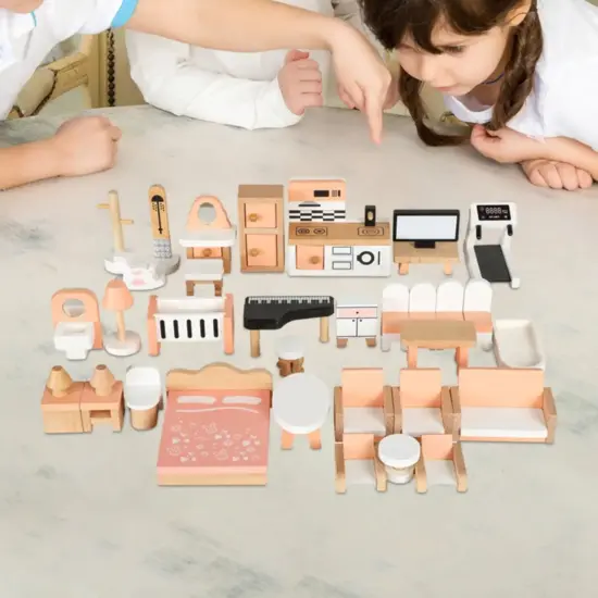 Set de Mobilier lemn copii Casuta pentru papusi 34 piese