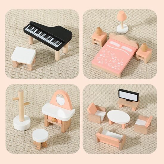 Set de Mobilier lemn copii Casuta pentru papusi 34 piese