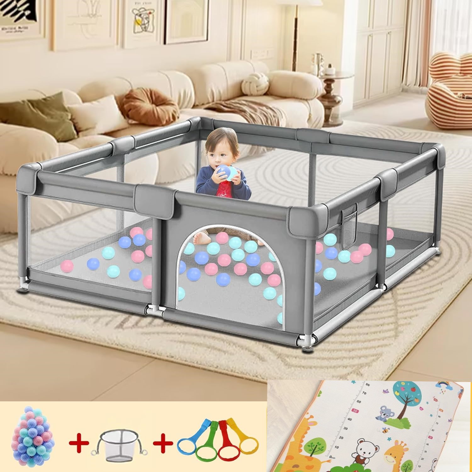 Tarc de joaca Gri 150x200 cu ventuze Loc bebelusi 50 bile colorate