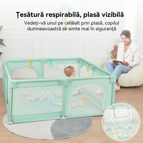 Tarc de joaca Verde 150x200 cu ventuze Loc bebelusi 50 bile colorate