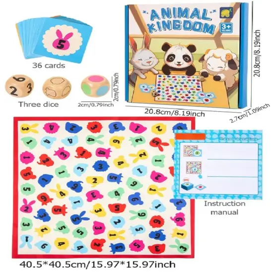 36 de cărți de joc ilustrate cu animale și numere (ex: iepurași colorați și numere pe fundal) 3 zaruri speciale (cu numere și simboluri) Joc-de-societate-Matematic-Joc-educativ-aritmetic-cu-zaruri