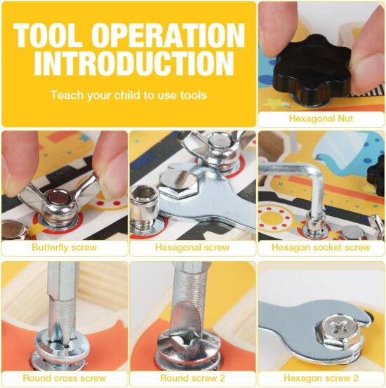 Jucarie Excavator Montessori Placa lemn Suruburi Banc scule