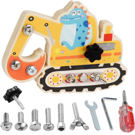 Jucarie Excavator Montessori Placa lemn Suruburi Banc scule