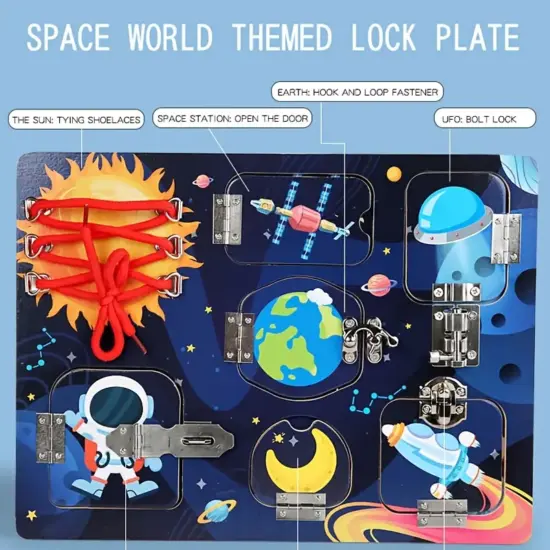 Placa senzoriala Montessori Spatiul cosmic cu planete Busy Board