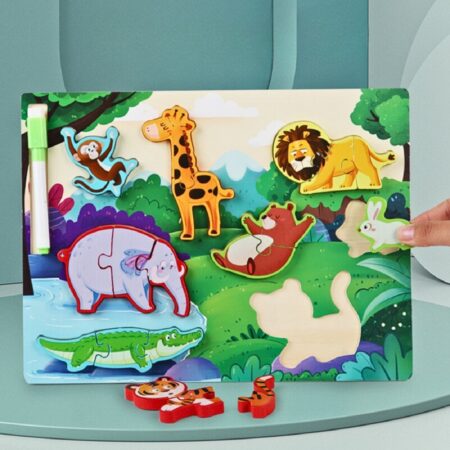 Puzzle din lemn Animale cu Tablita de scris si Carioca de desenat
