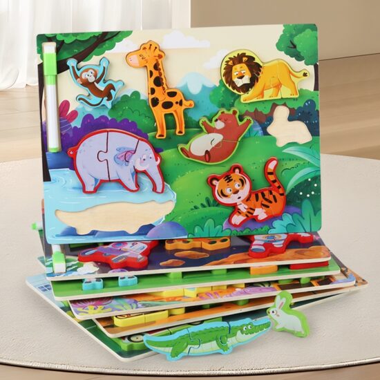 Puzzle din lemn Animale cu Tablita de scris si Carioca de desenat