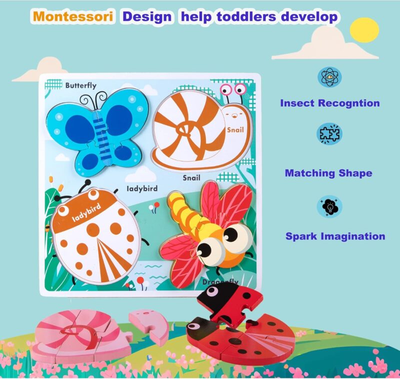 Puzzle lemn Montessori Insecte Jucarii Copii potrivirea formelor