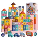 Set 100 cuburi Oraselul cu Forme geometrice din lemn Vehicule