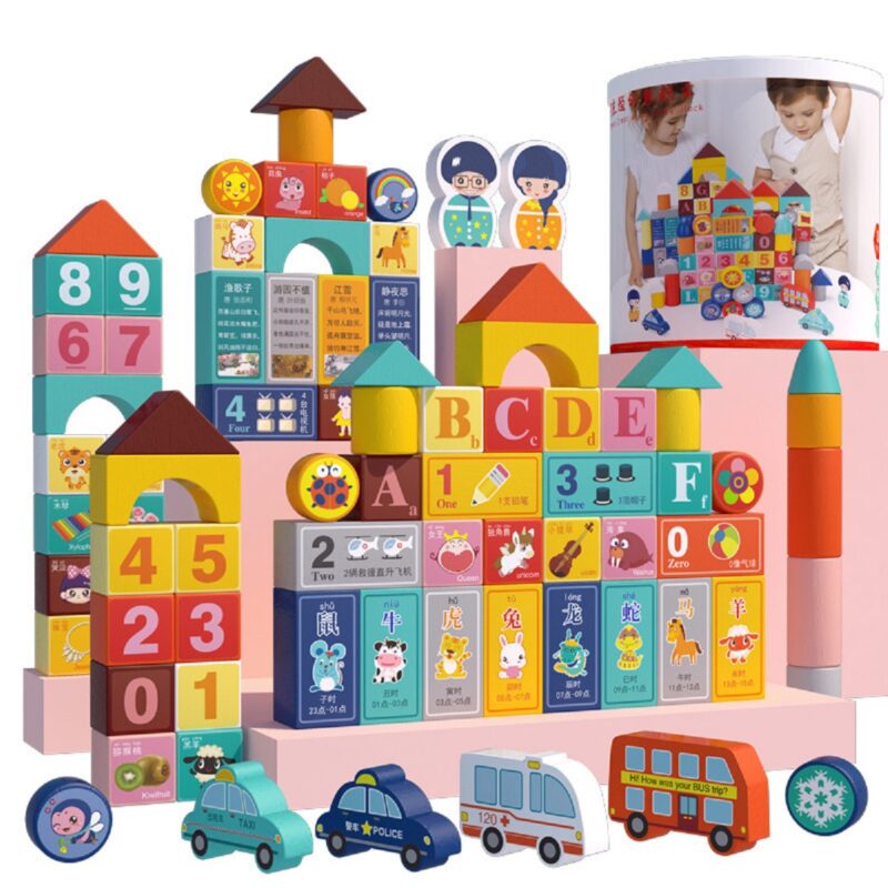 Set 100 cuburi Oraselul cu Forme geometrice din lemn Vehicule