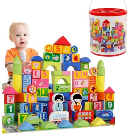 Set 100 cuburi Oraselul cu Litere si Forme geometrice din lemn