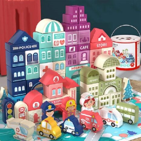 Set 135 cuburi Oraselul cu Masini Forme geometrice din lemn