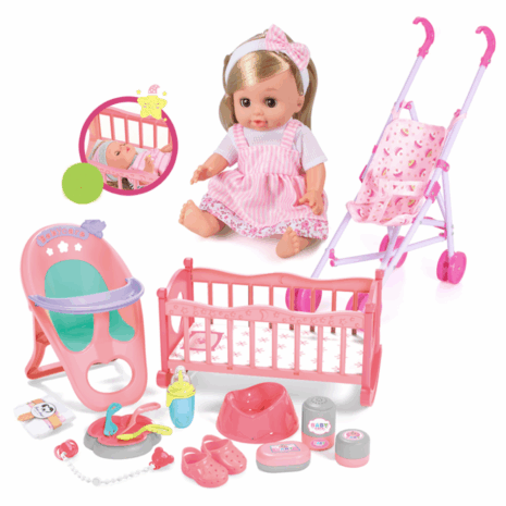 Set Papusa interactiva cu Carucior Patut de dormit si accesorii