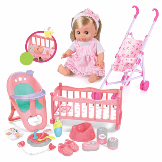 Set Papusa interactiva cu Carucior Patut de dormit si accesorii