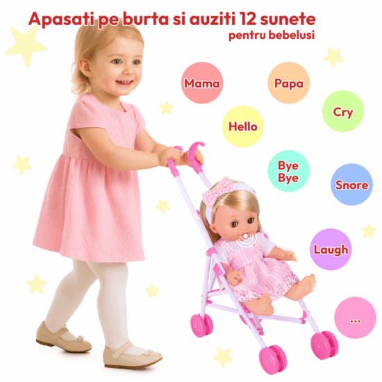 Set Papusa interactiva cu Carucior Patut de dormit si accesorii