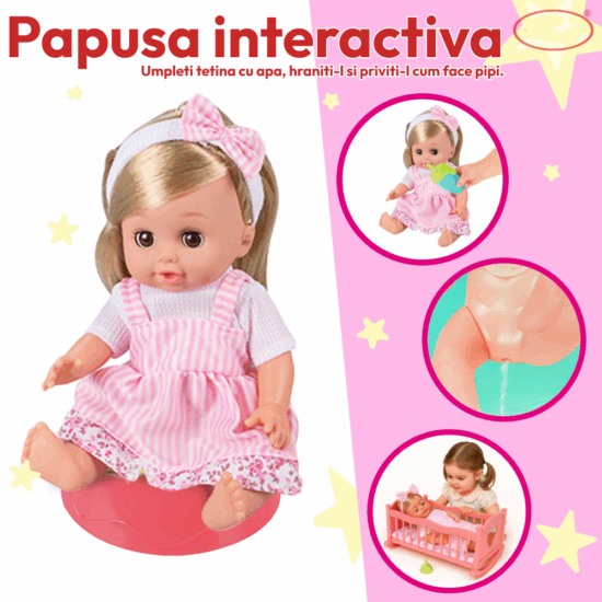 Set Papusa interactiva cu Carucior Patut de dormit si accesorii