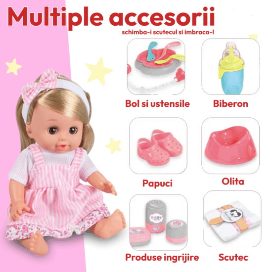 Set Papusa interactiva cu Carucior Patut de dormit si accesorii