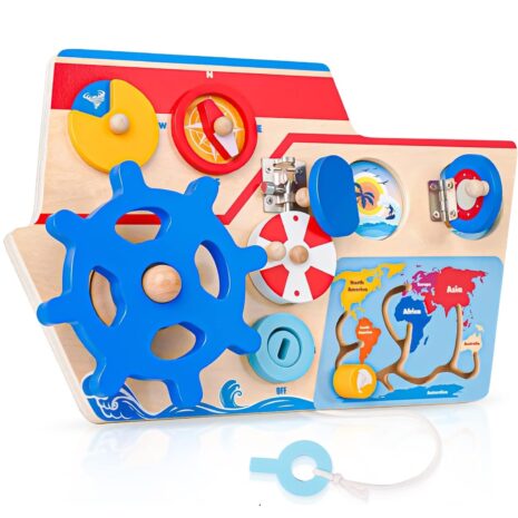 Vaporasul Montessori Busy Placa lemn cu Incuietori Volan Busola