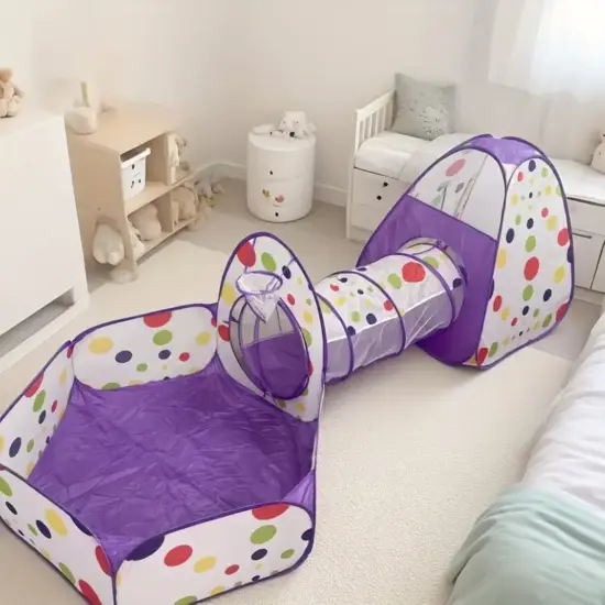 Cort de joaca copii Mov Tunel Piscina Casuta Cos baschet 3 in 1