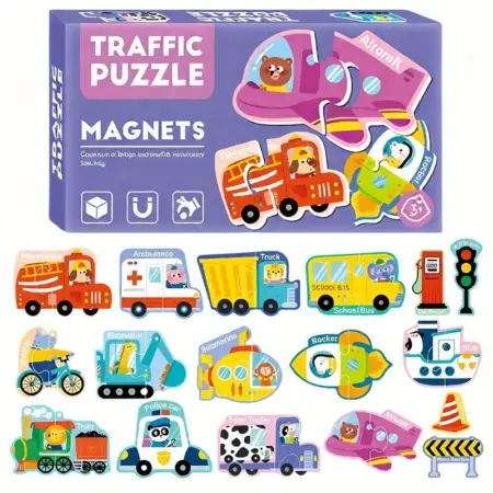 Puzzle educativ Trafic carton magnetic cu 30 piese Vehicule