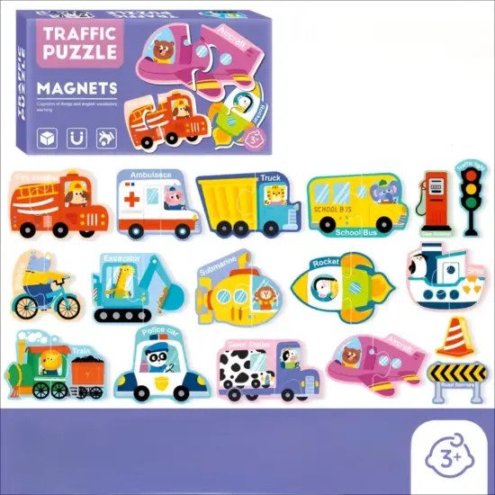 Puzzle educativ Trafic carton magnetic cu 30 piese Vehicule