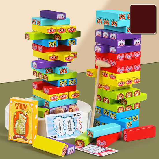 Cuburi lemn Jenga Turnul instabil 54 piese animale si carduri