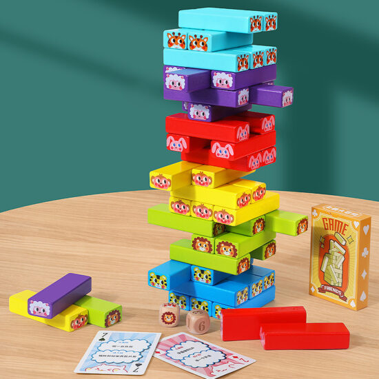 Cuburi lemn Jenga Turnul instabil 54 piese animale si carduri