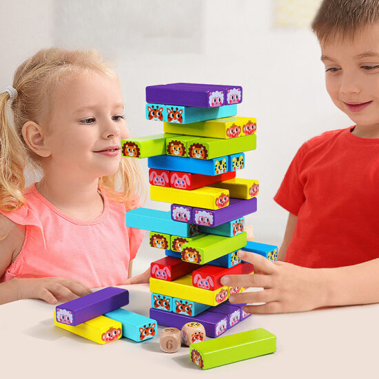 Cuburi lemn Jenga Turnul instabil 54 piese animale si carduri