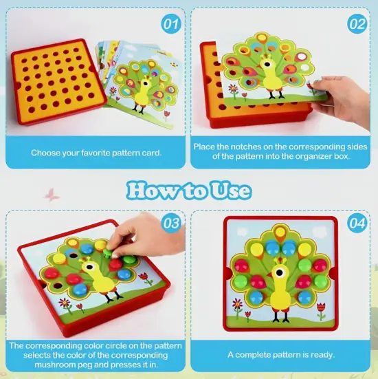 Joc mozaic Paun cu 46 butoni puzzle 12 planse Genius Art