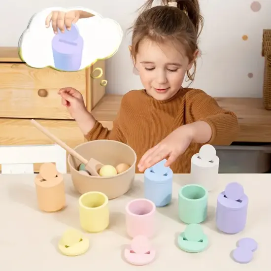 Jocuri Montessori de clasificare Sortare bile cupe si monede