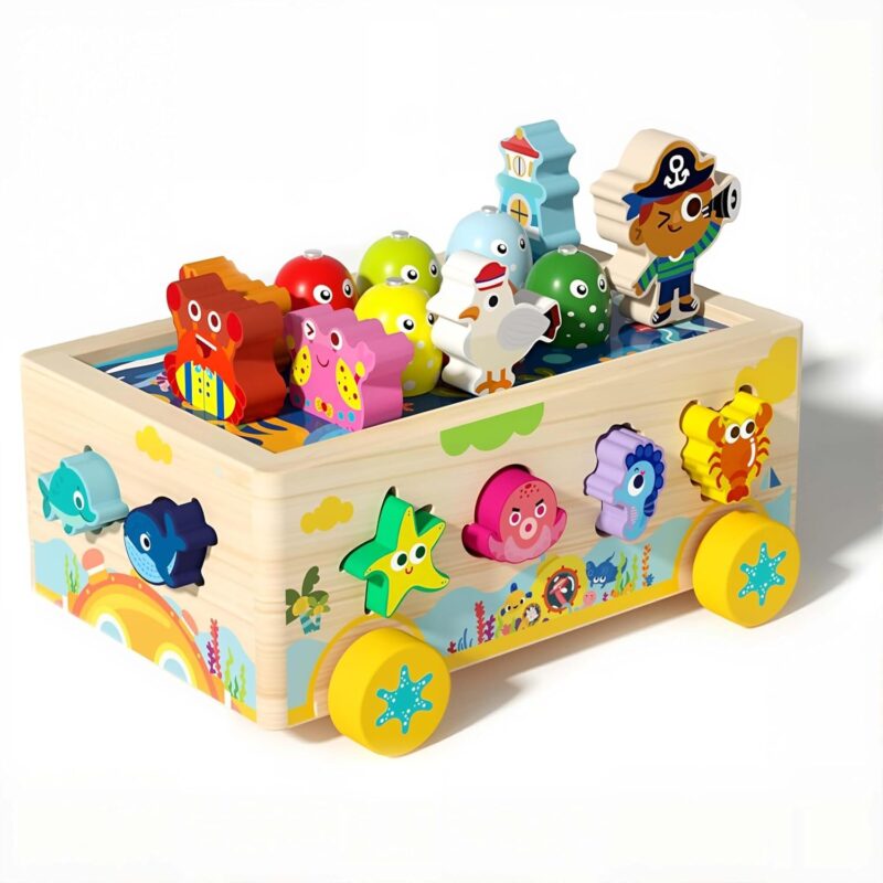 Jucarie cu roti Cutia Montessori de pescuit Puzzle animale de impins