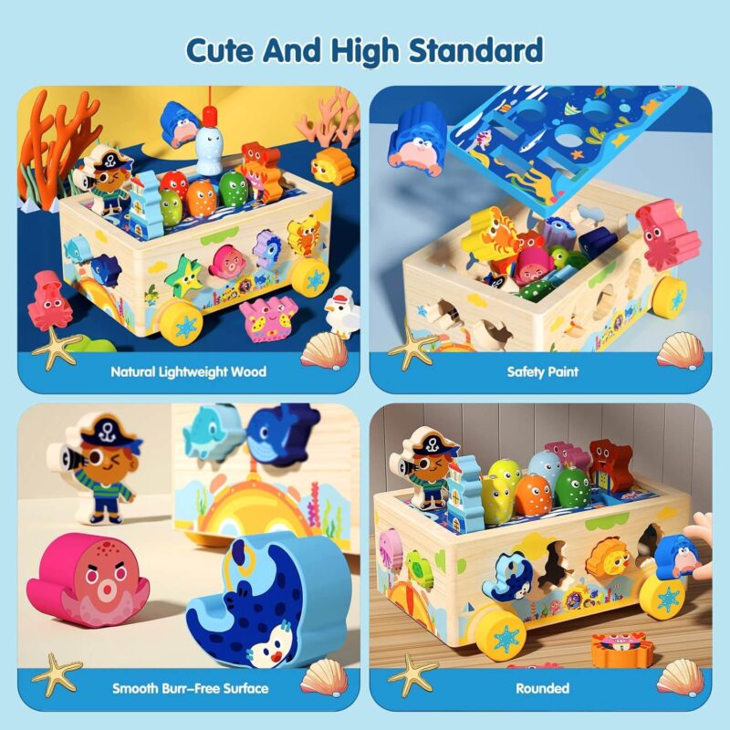 Jucarie cu roti Cutia Montessori de pescuit Puzzle animale de impins