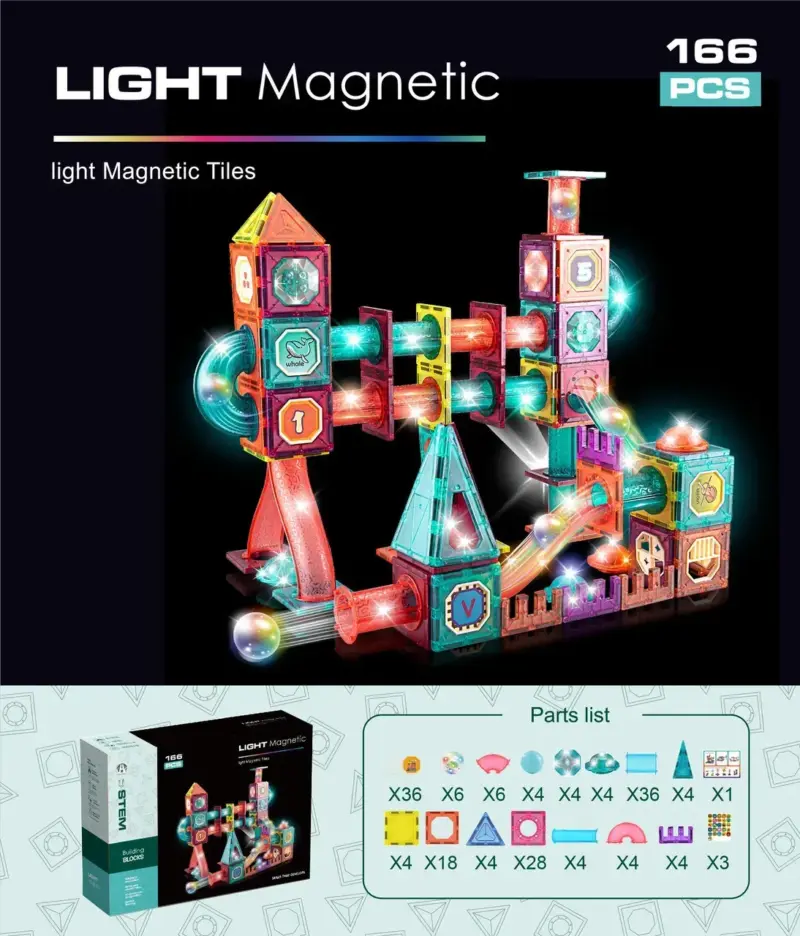 Set 166 Cuburi magnetice transparente luminoase Circuit STEM