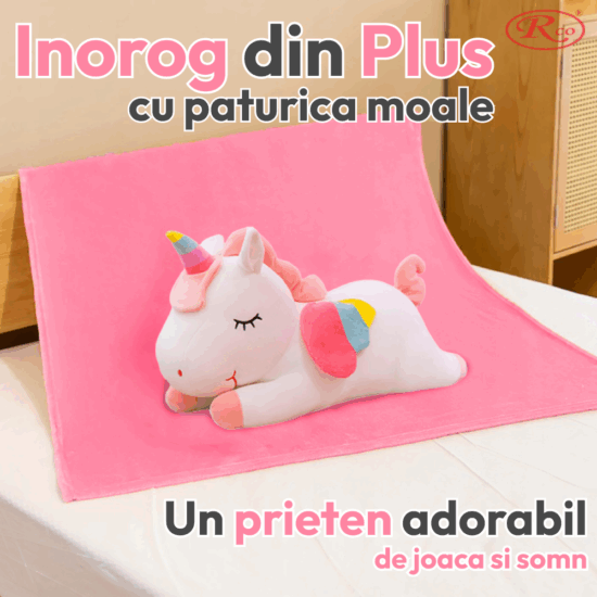 Set Unicorn cu Perna de dormit si Paturica pliabila pufoasa din plus