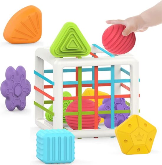 Cub bebe Montessori Sortare forme geometrice cu benzi elastice