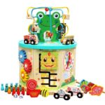 Cub lemn 7in1 Centru de activitati Broscuta cu masini Joc pioni