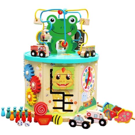 Cub lemn 7in1 Centru de activitati Broscuta cu masini Joc pioni