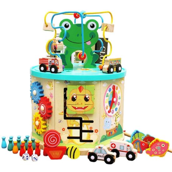 Cub lemn 7in1 Centru de activitati Broscuta cu masini Joc pioni