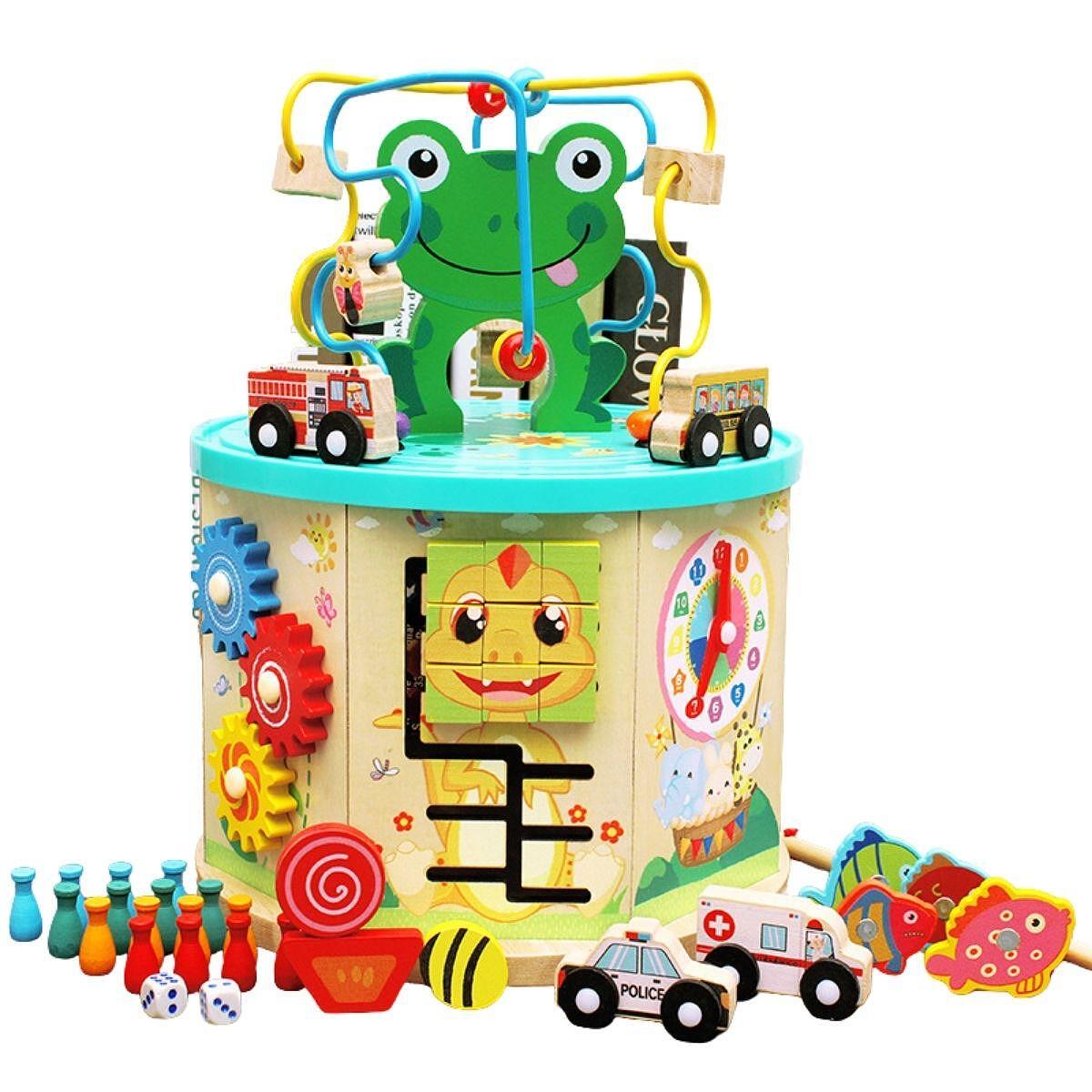 Cub lemn 7in1 Centru de activitati Broscuta cu masini Joc pioni