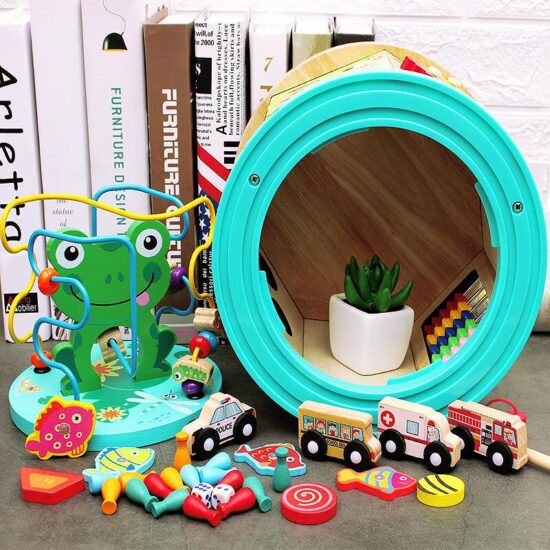 Cub lemn 7in1 Centru de activitati Broscuta cu masini Joc pioni