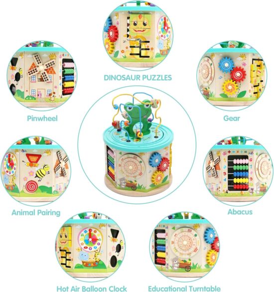 Cub lemn 7in1 Centru de activitati Broscuta cu masini Joc pioni