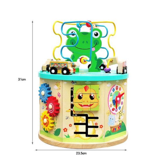 Cub lemn 7in1 Centru de activitati Broscuta cu masini Joc pioni