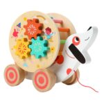 Jucarie lemn de tras Catelus cu Ceas si activitati motrice