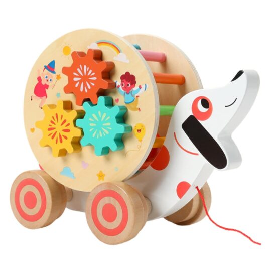 Jucarie lemn de tras Catelus cu Ceas si activitati motrice