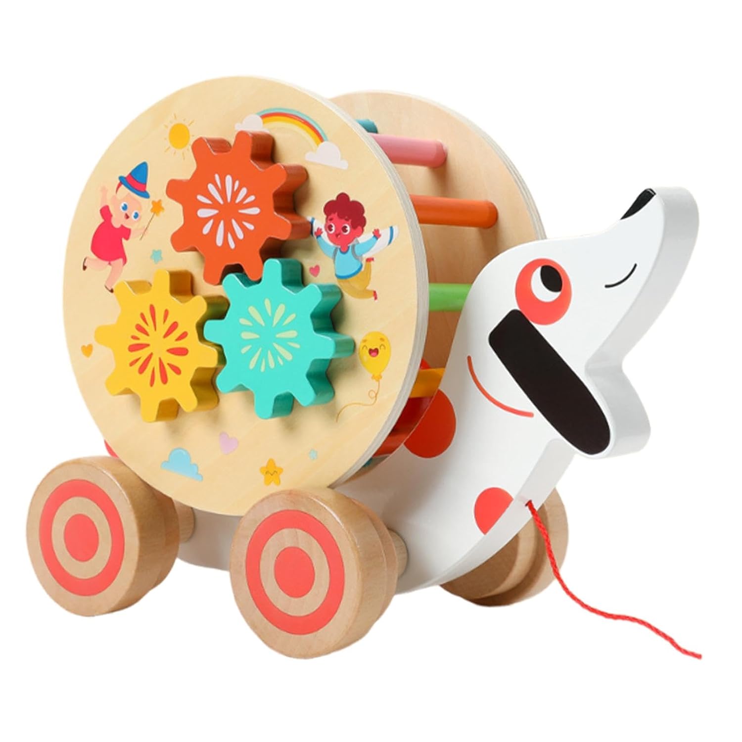 Jucarie lemn de tras Catelus cu Ceas si activitati motrice