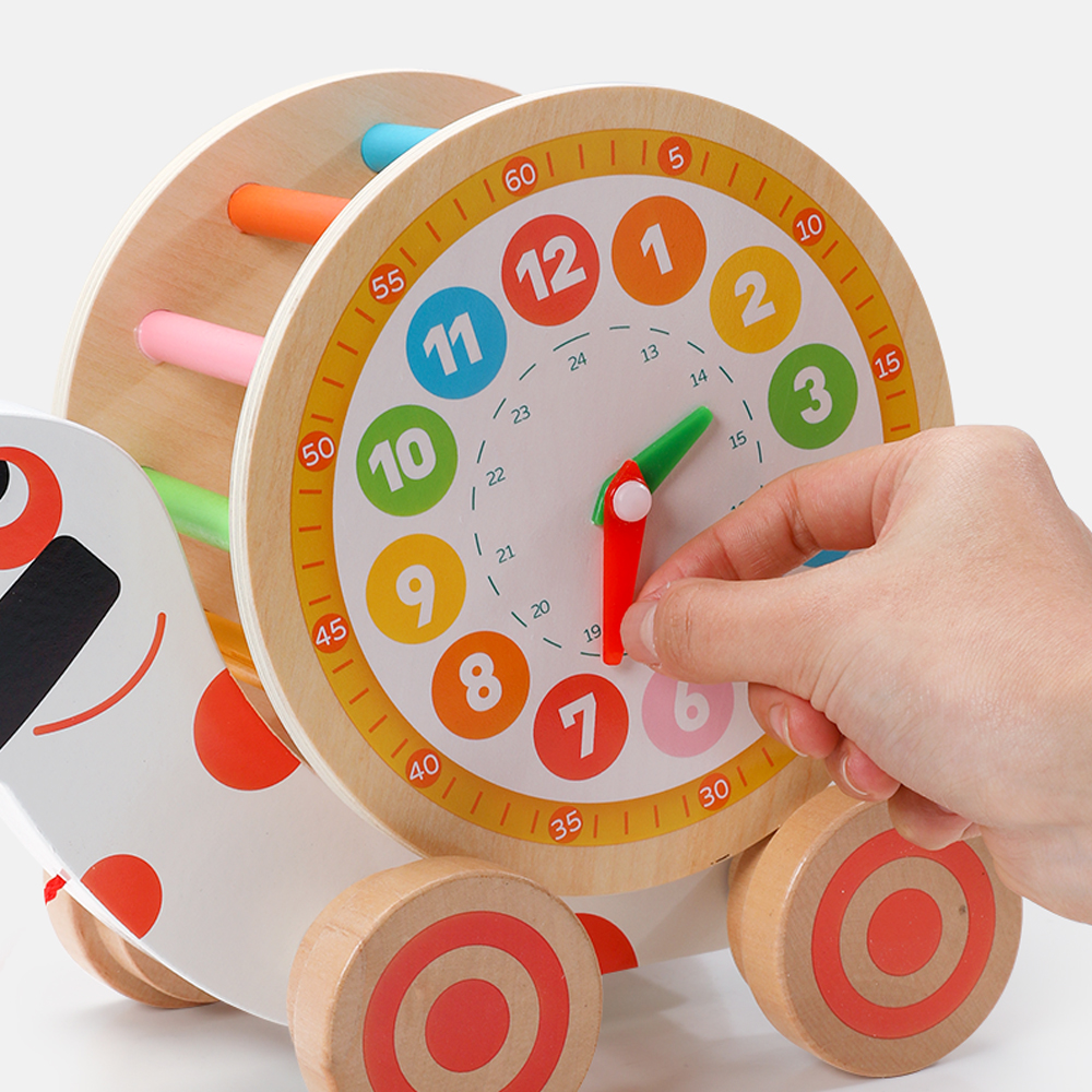 Jucarie lemn de tras Catelus cu Ceas si activitati motrice