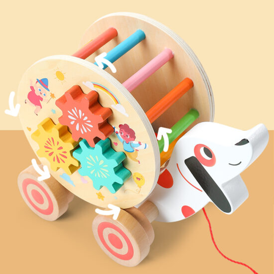 Jucarie lemn de tras Catelus cu Ceas si activitati motrice