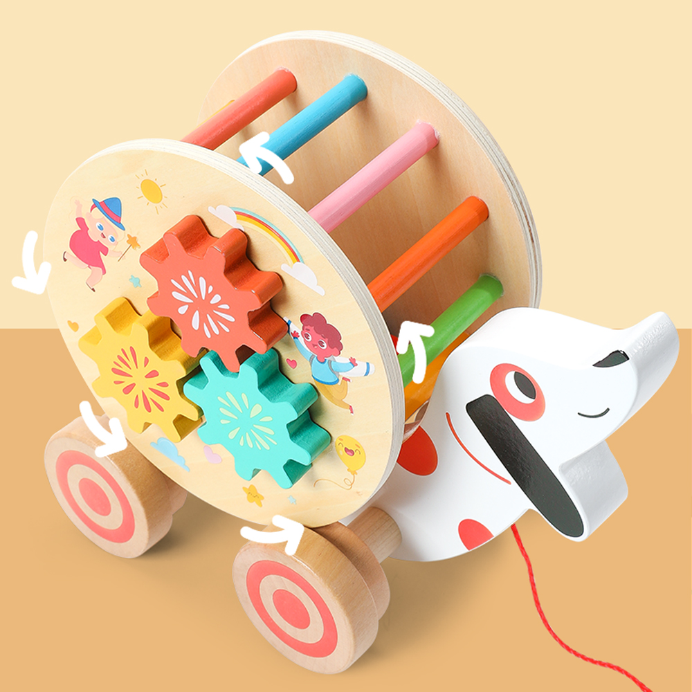 Jucarie lemn de tras Catelus cu Ceas si activitati motrice