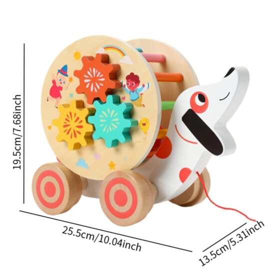 Jucarie lemn de tras Catelus cu Ceas si activitati motrice