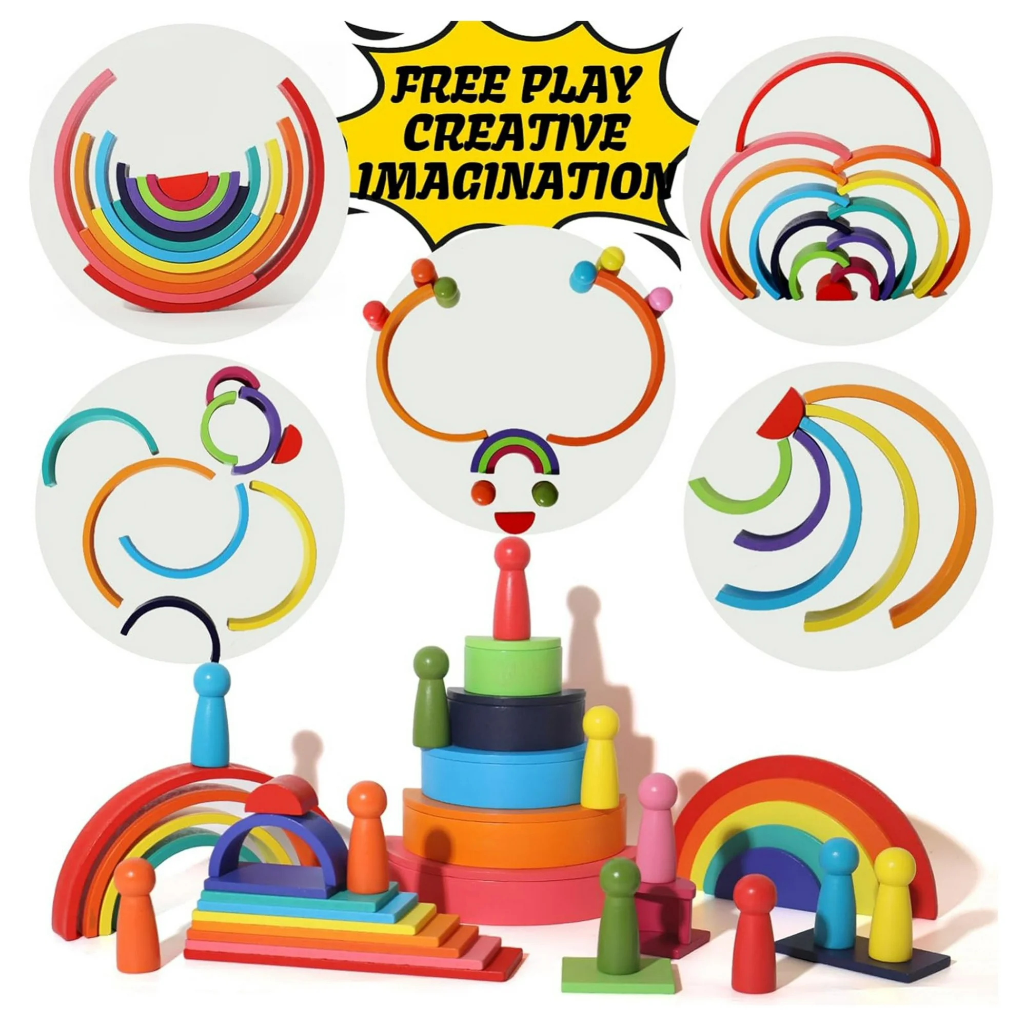 Jucarii stivuire Curcubeu 4in1 Semicercuri Pioni Constructii Rainbow