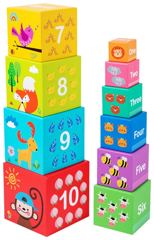 Piramida cu 10 Cuburi educative Turn cu Cifre Fructe si animale